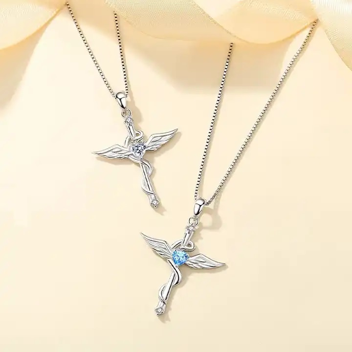 Ogrlica Wing Cross - Srebrna / Modra